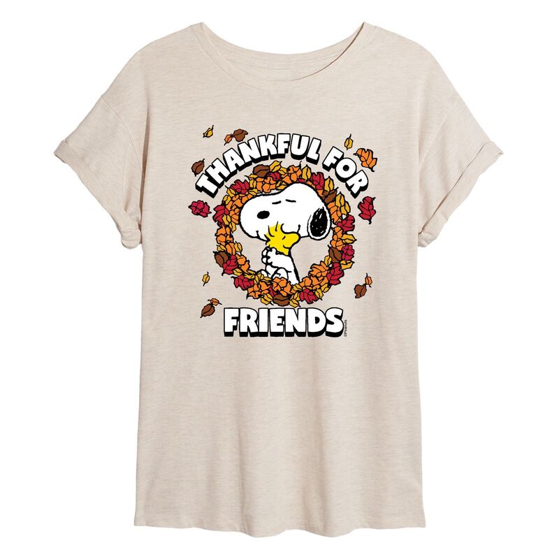 【送料無料】 ライセンス キャラクター レディース Tシャツ トップス Juniors' Peanuts Thankful For Friends Graphic Tee Beige