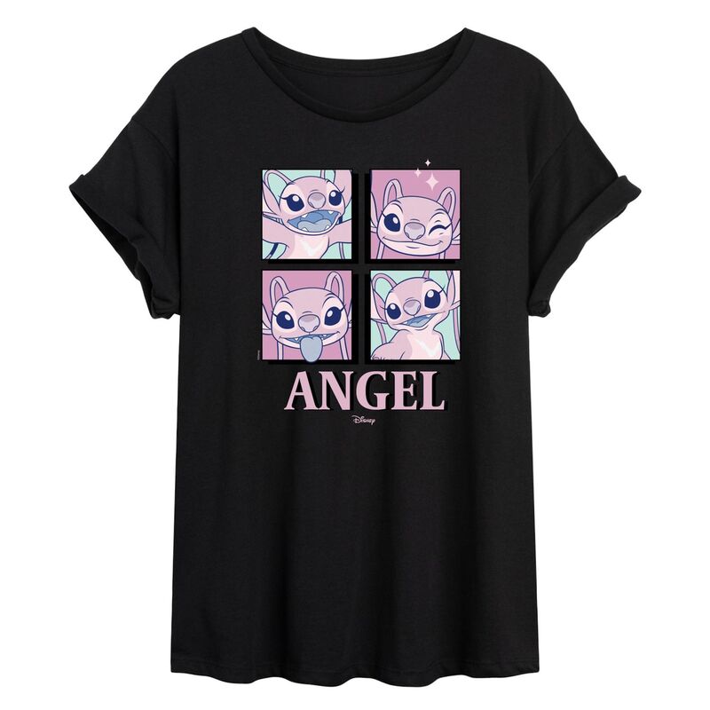 【送料無料】 ライセンス キャラクター レディース Tシャツ トップス Juniors' Lilo & Stitch Angel Grid Flowy Graphic Tee Black