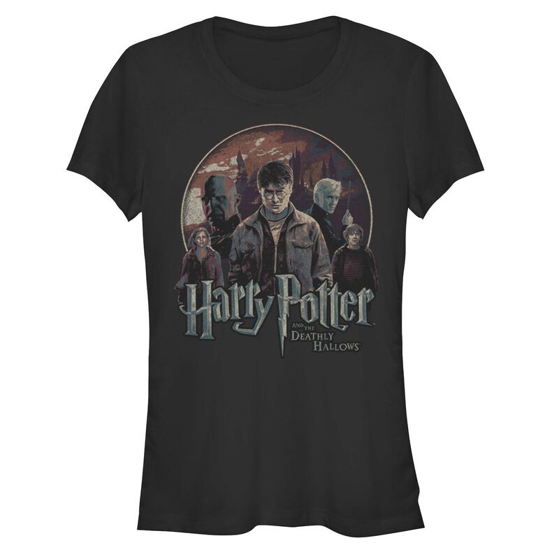 【送料無料】 ライセンス キャラクター レディース Tシャツ トップス Juniors' Harry Potter And The Deathly Hallows Group Shot Fitted Graphic Tee Black