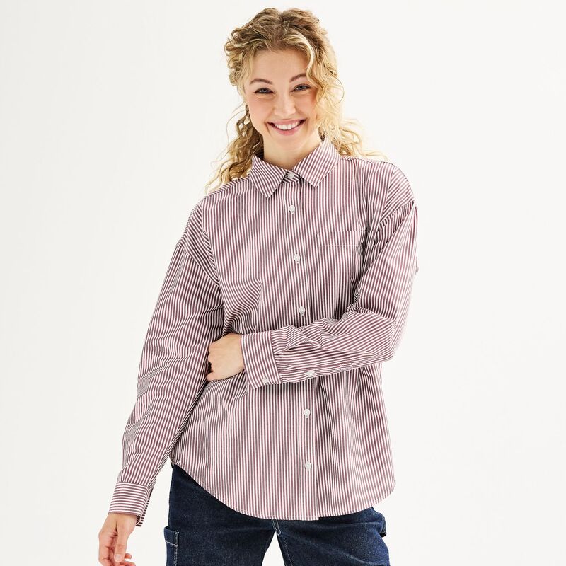 【送料無料】 エスオー レディース シャツ トップス Juniors' SOR Long Sleeve Oversized Shirt Maroon Stripe