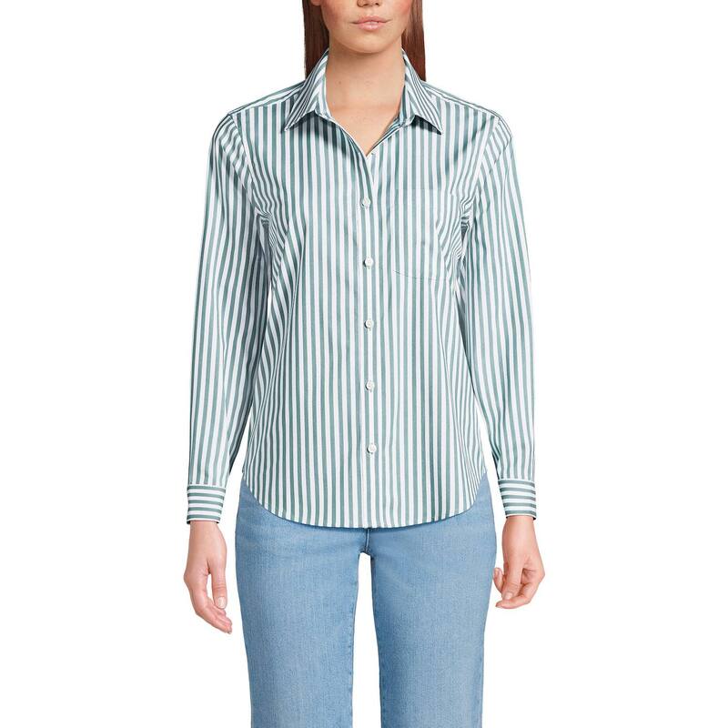 【送料無料】 ランズエンド レディース シャツ トップス Women's Lands' End Cooling Button-Front Shirt Evergreen Stripe