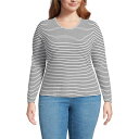 【送料無料】 ランズエンド レディース Tシャツ トップス Plus Size Lands' End Long Sleeve Baby Waffle Crewneck T-Shirt Ivory Black Stripe(4)