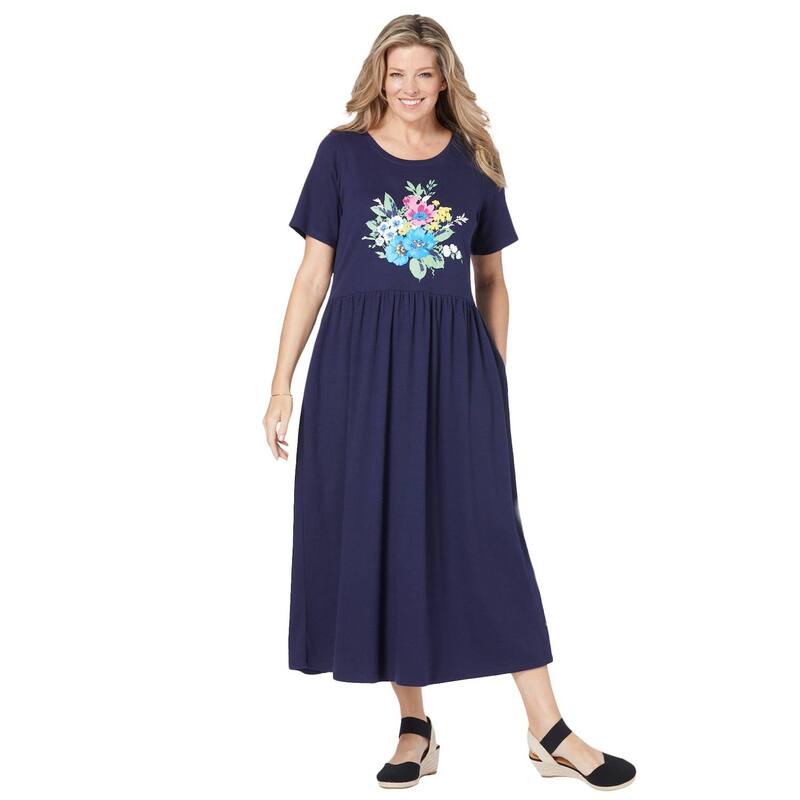 【送料無料】 ウーマン ウィズイン レディース ワンピース トップス Woman Within Short-sleeve Scoopneck Empire Waist Dress Navy Spring Bouquet