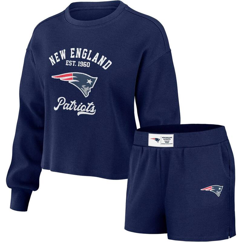 【送料無料】 ウェア バイ エリン アンドルーズ レディース ナイトウェア アンダーウェア Women's WEAR by Erin Andrews Navy New England Patriots Waffle Knit Long Sleeve T-Shirt & Shorts Lounge Set Pat Navy