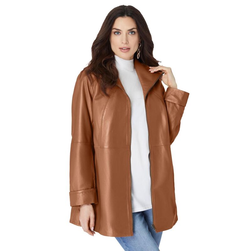 【送料無料】 ロアマンズ レディース ジャケット・ブルゾン アウター Roaman's Women's Plus Size A-line Leather Jacket Cognac