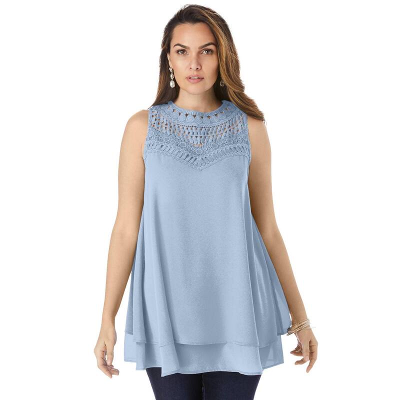 【送料無料】 ロアマンズ レディース シャツ トップス Roaman's Women's Plus Size Lace Yoke Top Pale Blue