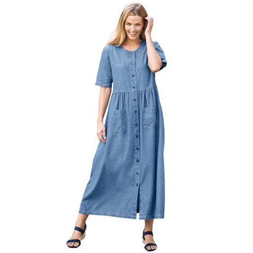 【送料無料】 ウーマン ウィズイン レディース ワンピース トップス Woman Within Women's Plus Size Petite Short-sleeve Denim Dress Light Stonewash 【送料無料】 ウーマン ウィズイン レディース ワンピース トップス Woman Within Women's Plus Size Petite Short-sleeve Denim Dress Light Stonewash