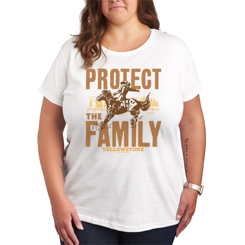 【送料無料】 ライセンス キャラクター レディース Tシャツ トップス Plus Size Yellowstone Protect The Family Graphic Tee White