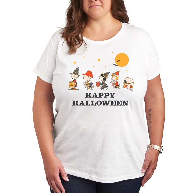 【送料無料】 ライセンス キャラクター レディース Tシャツ トップス Plus Size Peanuts Retro Halloween Group Graphic Tee White
