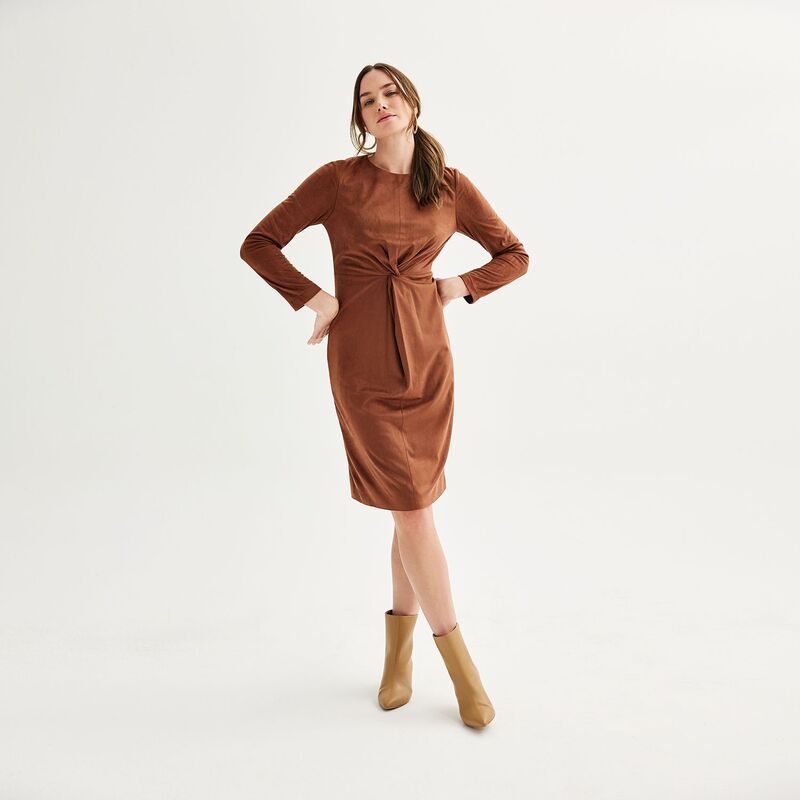 【送料無料】 ニコルミラー レディース ワンピース トップス Women's Nicole Miller Faux Suede Long Sleeve Twist Front Dress Chocolate