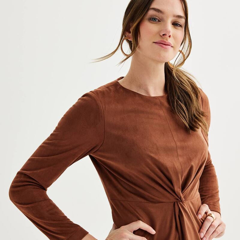 【送料無料】 ニコルミラー レディース ワンピース トップス Women's Nicole Miller Faux Suede Long Sleeve Twist Front Dress Chocolate