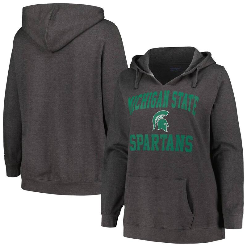 【送料無料】 チャンピオン レディース Tシャツ トップス Women's Champion Heather Charcoal Michigan State Spartans Plus Size Heart & Soul Notch Neck Pullover Msu Charco