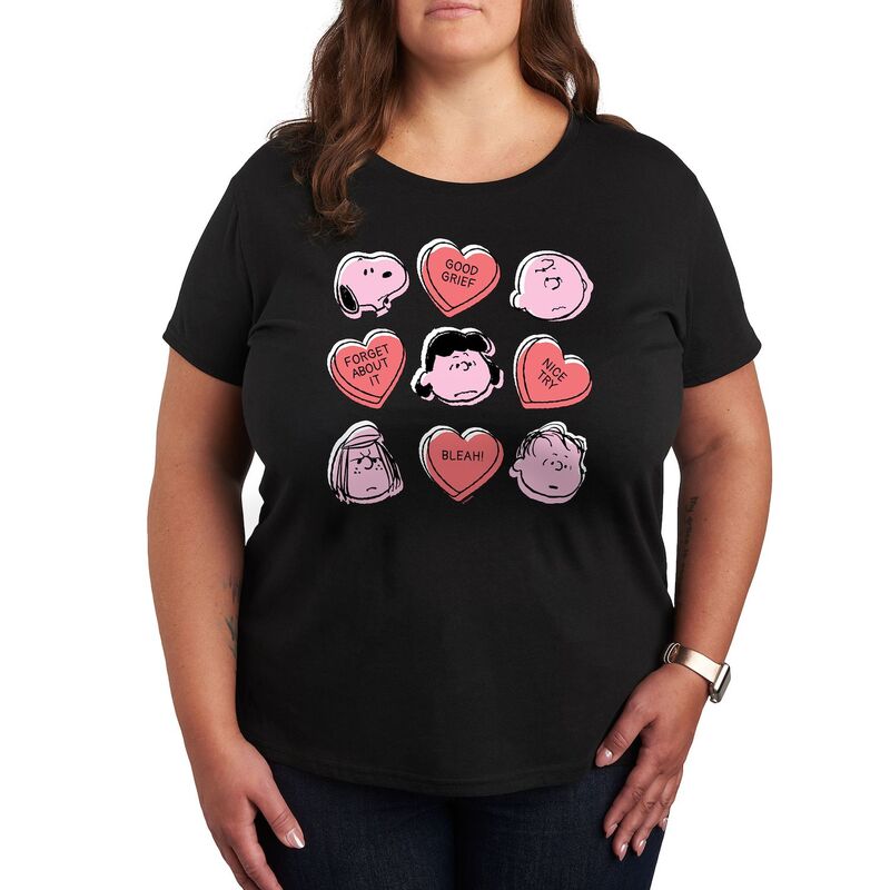 【送料無料】 ライセンス キャラクター レディース Tシャツ トップス Plus Peanuts Candy Heart Grid Graphic Tee Black