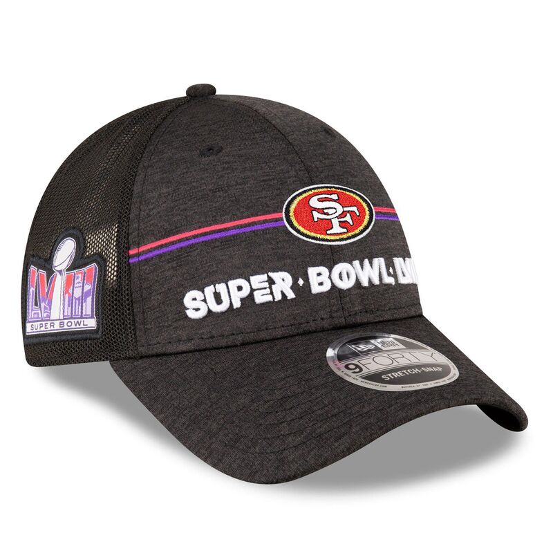【送料無料】 ニューエラ メンズ 帽子 アクセサリー Men's New Era Heather Black San Francisco 49ers Super Bowl LVIII 9FORTY Trucker Adjustable Hat 49r Charco