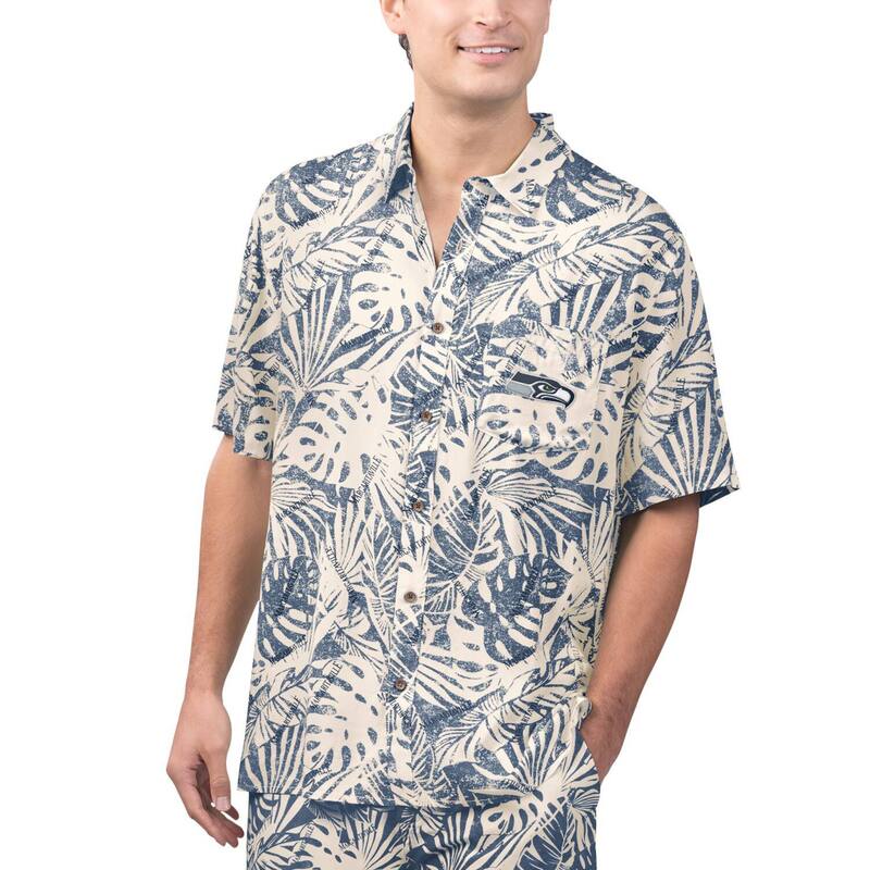【送料無料】 アンブランデッド メンズ Tシャツ トップス Men's Margaritaville Tan Seattle Seahawks Sand Washed Monstera Print Party Button-Up Shirt Sea Multi
