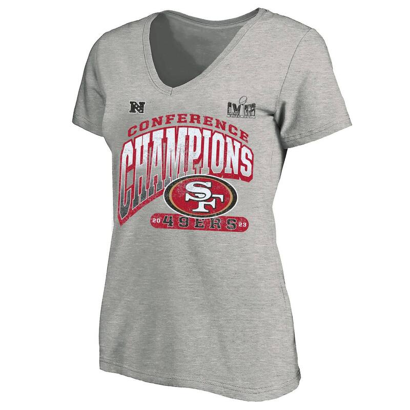 【送料無料】 アンブランデッド レディース Tシャツ トップス Women's Fanatics Branded Heather Gray San Francisco 49ers 2023 NFC Champions Plus Size Hail Mary V-Neck T-Shirt 49r Grey