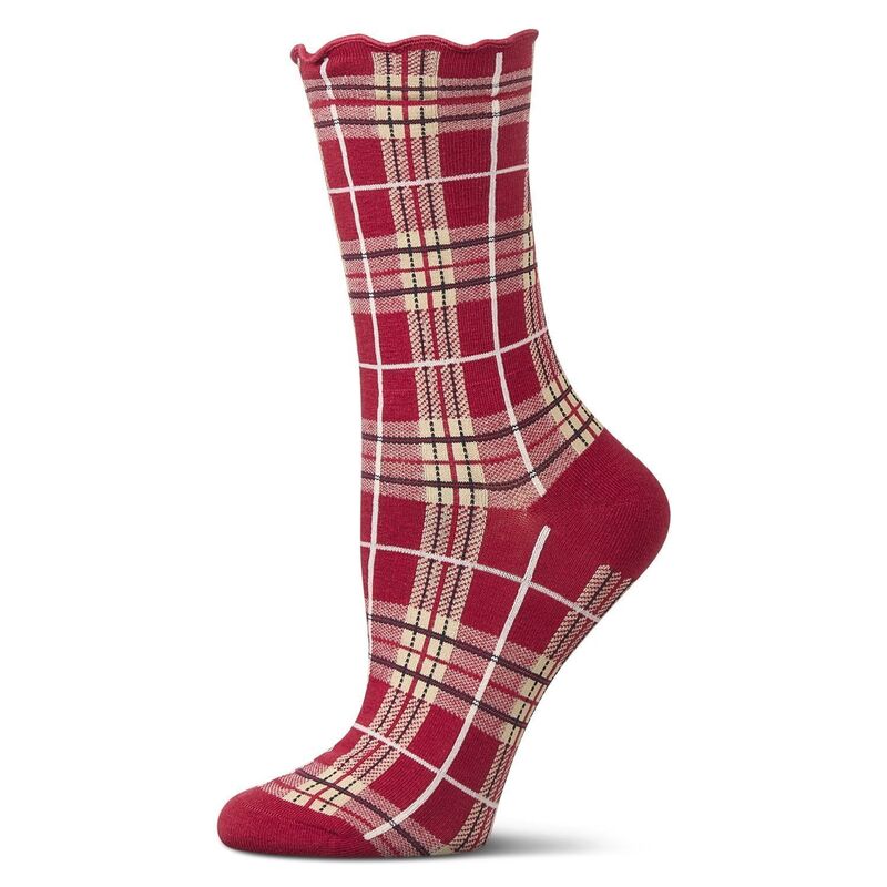 【送料無料】 メモイ レディース 靴下 アンダーウェア Women's Classic Plaid Lettuce Edge Crew Socks Red