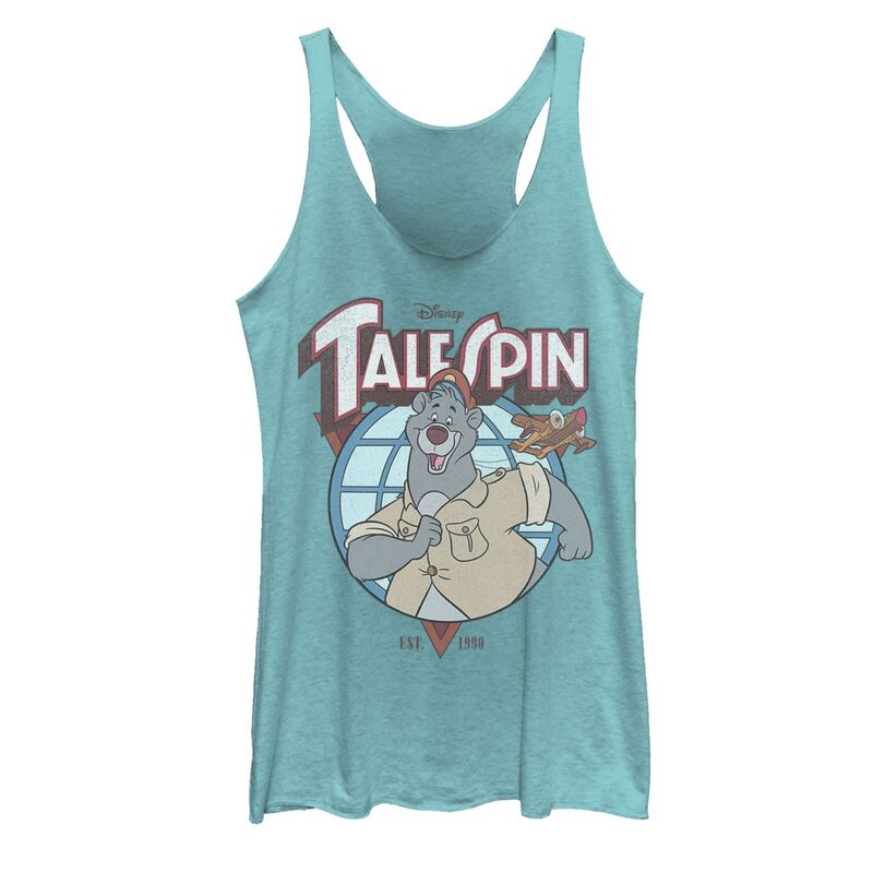 【送料無料】 ライセンス キャラクター レディース Tシャツ トップス Disney's TaleSpin Baloo Juniors' Logo Tank Top Tahiti Blue