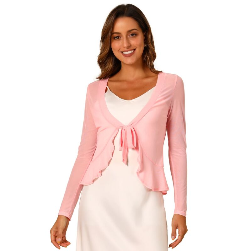 【送料無料】 アレグラ ケー レディース ニット・セーター アウター Ruffle Mesh Shrug For Women Long Sleeves Self Tie Casual Bolero Cardigan Pink