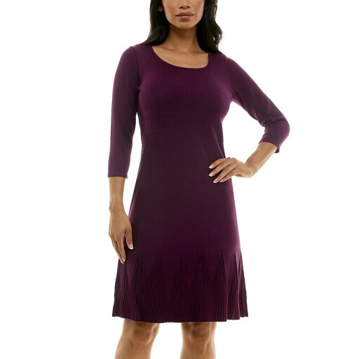 【送料無料】 ニナレオナルド レディース ワンピース トップス Women's Nina Leonard Elbow Sleeve Fit-&-Flare Dress Black Plum 【送料無料】 ニナレオナルド レディース ワンピース トップス Women's Nina Leonard Elbow Sleeve Fit-&-Flare Dress Black Plum
