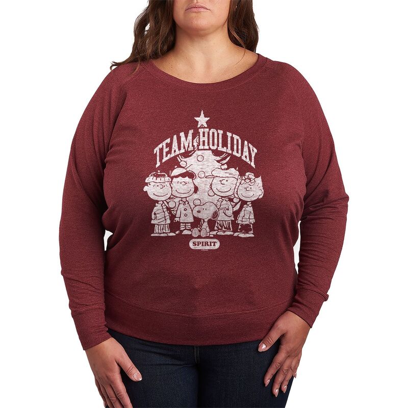 【送料無料】 ライセンス キャラクター レディース Tシャツ トップス Women's Peanuts Team Holiday Spirit Lightweight French Terry Sweatshirt Heather Dark Red