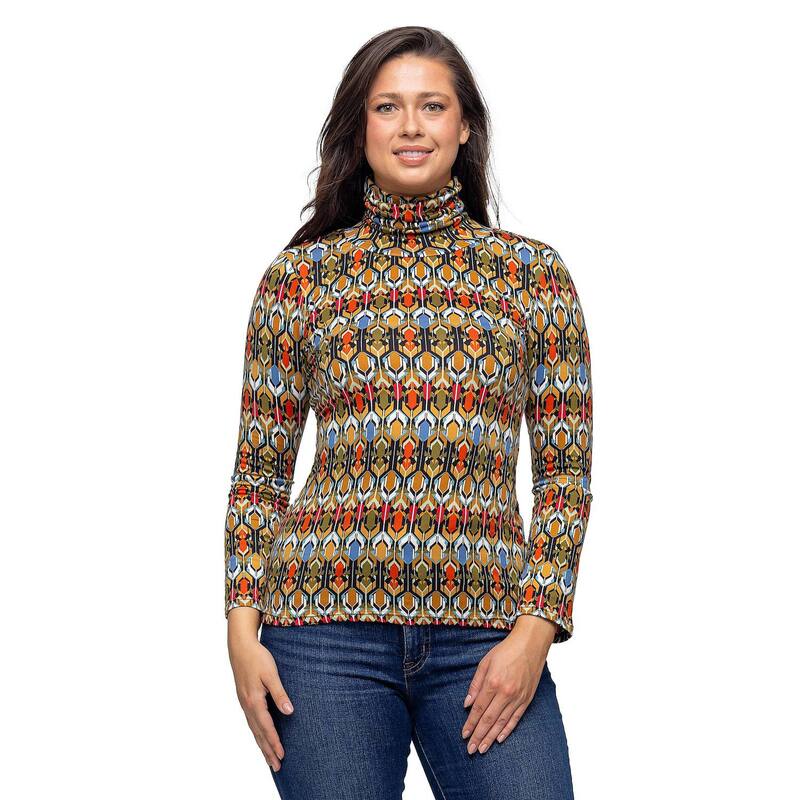 【送料無料】 24セブンコンフォート レディース シャツ トップス Women's 24Seven Comfort Apparel Multicolor Geo Print Long Sleeve Turtleneck Top Orange Multi(4)