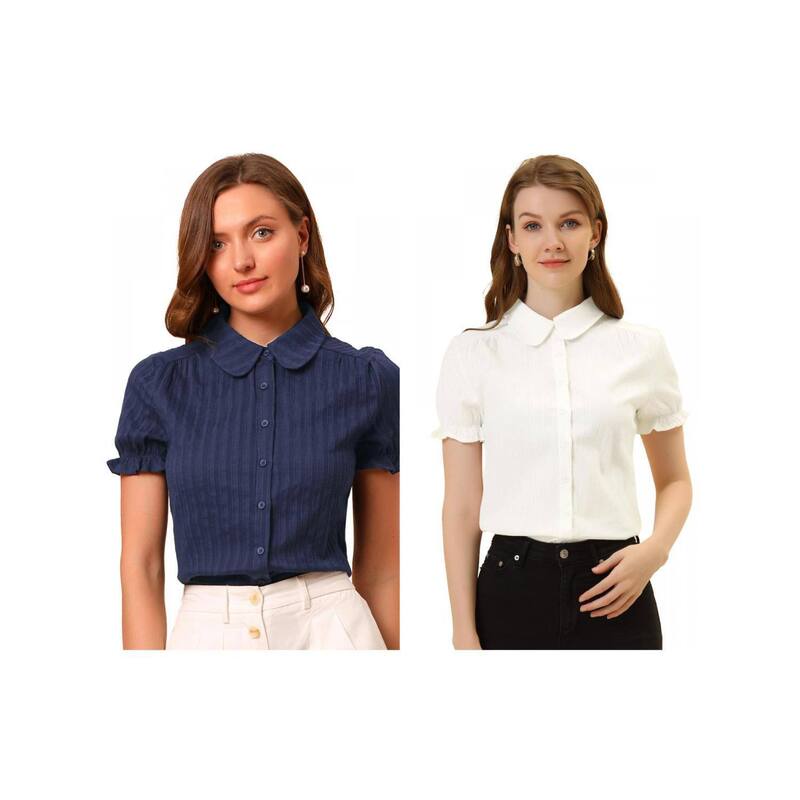 ReVida ŷԾŹ㤨֥쥰  ǥ ȥåץ  åȥ  ֥饦 ALLEGRA K 2 Packs Women's Cotton Frilled Top Turndown Collar Solid Blouses Blue White ۥ磻ȡפβǤʤ19,980ߤˤʤޤ