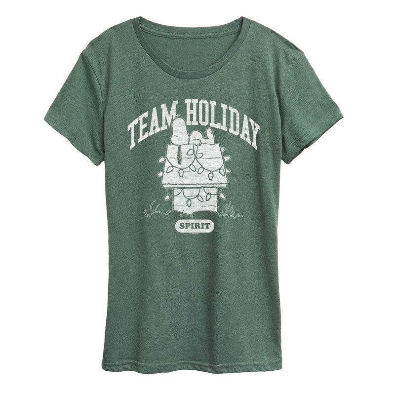 【送料無料】 ライセンス キャラクター レディース Tシャツ トップス Women's Peanuts Team Holiday Spirit Graphic Tee Heather Green