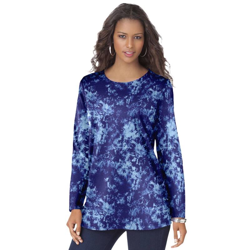 【送料無料】 ロアマンズ レディース Tシャツ トップス Roaman's Women's Plus Size Long-sleeve Crewneck Ultimate Tee Navy Spray Tie Dye(4)
