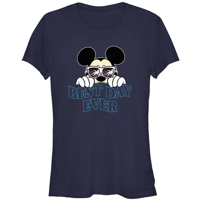 【送料無料】 ディズニー レディース Tシャツ トップス Disney's Mickey Mouse Sunglasses Best Day Ever Juniors' Graphic Tee Navy