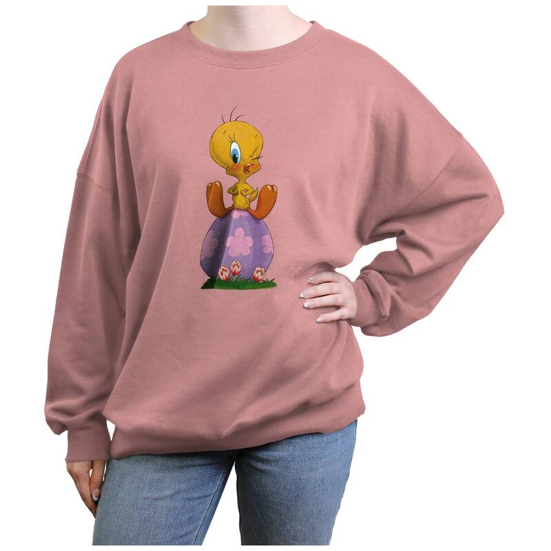 【送料無料】 ライセンス キャラクター レディース Tシャツ トップス Juniors' Looney Tunes Tweety Sitting On Easter Egg Graphic Fleece Desert Pink