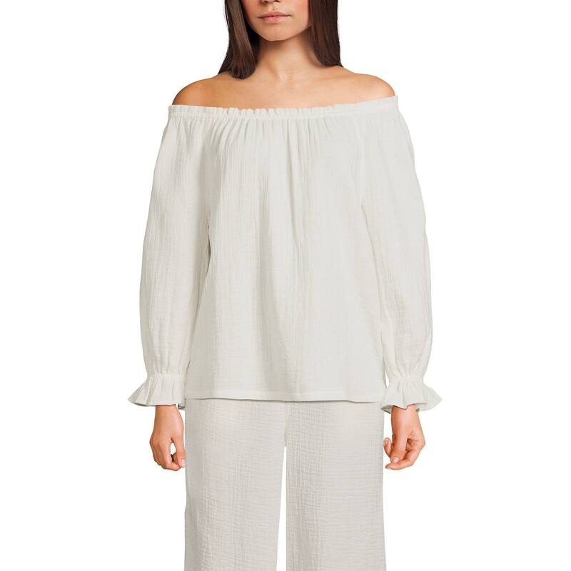 【送料無料】 ランズエンド レディース シャツ トップス Women's Lands' End Gauze 3/4-Sleeve Off Shoulder Blouse Ivory