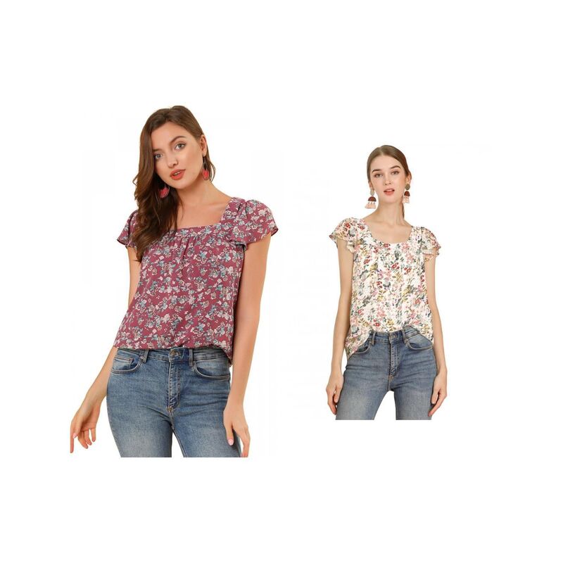 【送料無料】 アレグラ ケー レディース シャツ トップス 2 Packs Women's Chiffon Ruffle Sleeve Vintage Layered Floral Print Blouse Tops White Wine Red