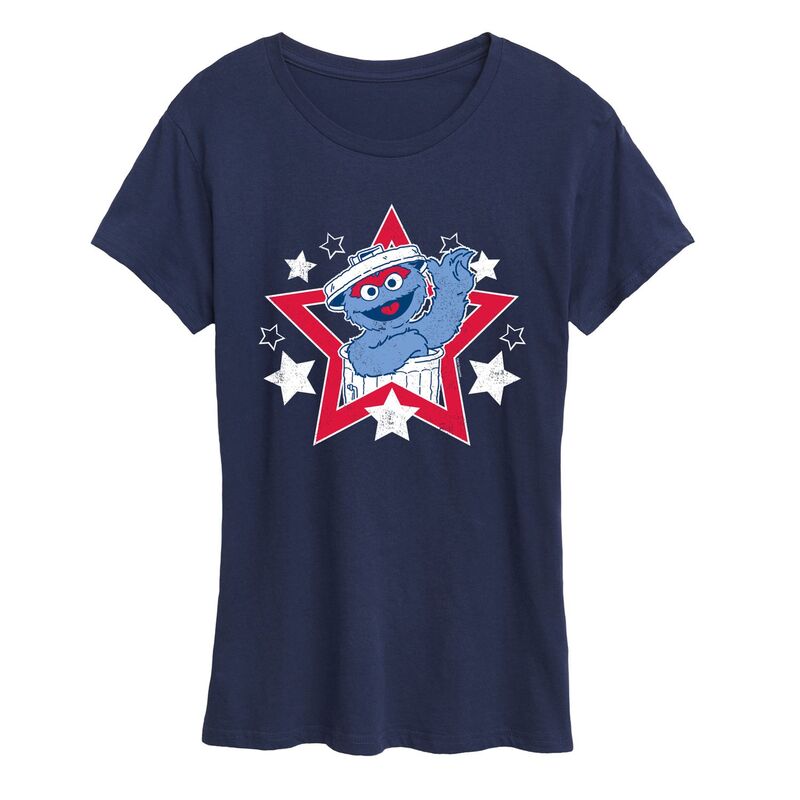 【送料無料】 ライセンス キャラクター レディース Tシャツ トップス Women's Sesame Street Oscar the Grouch Americana Star Graphic Tee Navy