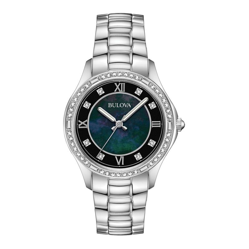 【送料無料】 ブロバ レディース 腕時計 アクセサリー Bulova Women's Classic Stainless Steel Crystal Accented Black Mother-of-Pearl Dial Watch - 96L266 Silver
