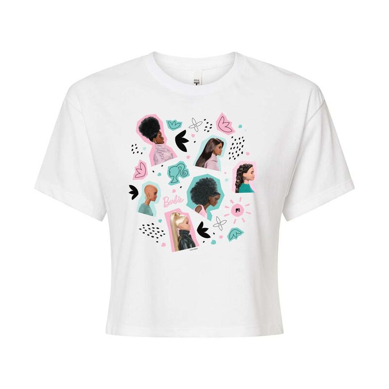 【送料無料】 ライセンス キャラクター レディース Tシャツ トップス Juniors' Barbie Spring Collage Cropped Tee White