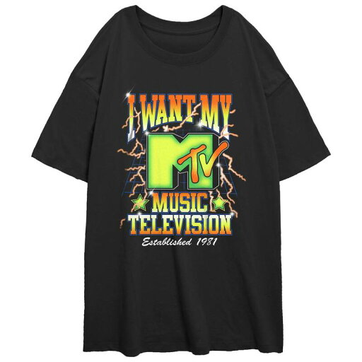 【送料無料】 ライセンス キャラクター レディース Tシャツ トップス Juniors' MTV Lightning Background Est. 1981 Oversize Graphic Tee Black 【送料無料】 ライセンス キャラクター レディース Tシャツ トップス Juniors' MTV Lightning Background Est. 1981 Oversize Graphic Tee Black