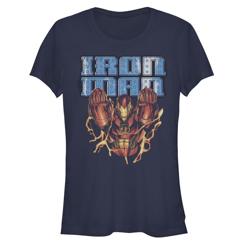 【送料無料】 マーベル レディース Tシャツ トップス Juniors' Iron Man Riveted Logo Graphic Tee Navy(4)