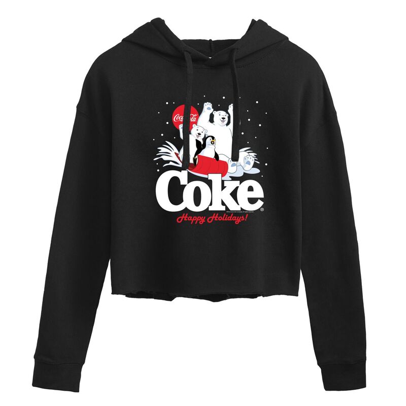 【送料無料】 ライセンス キャラクター レディース Tシャツ トップス Juniors' Coca-Cola Happy Holidays Sledding Cropped Hoodie Black