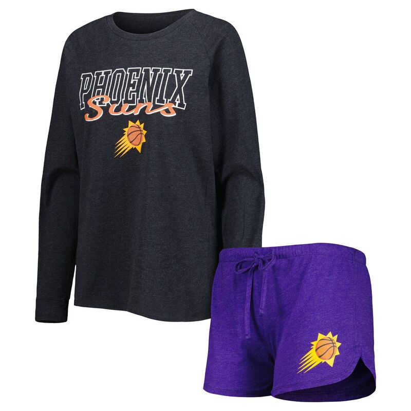 楽天ReVida 楽天市場店【送料無料】 アンブランデッド レディース ナイトウェア アンダーウェア Women's Concepts Sport Heather Black/Heather Purple Phoenix Suns Team Raglan Long Sleeve T-Shirt & Shorts Sleep Set Phx Charco
