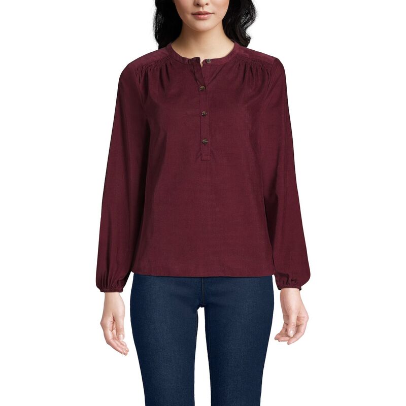 【送料無料】 ランズエンド レディース シャツ トップス Women's Lands' End Pinwale Cord Smocked Popover Shirt Rich Burgundy