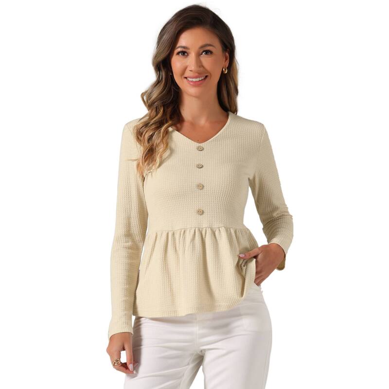 【送料無料】 アレグラ ケー レディース Tシャツ トップス Women's Waffle Knit Tops Long Sleeve Shirts Ruffled Hem Decorative Buttons V-neck Shirt Light Apricot
