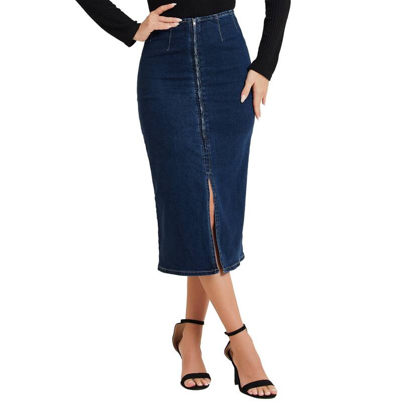【送料無料】 アレグラ ケー レディース スカート ボトムス Maxi Denim Skirt For Women's Front Slit Zipper High Waist Bodycon Jean Skirt Dark Blue
