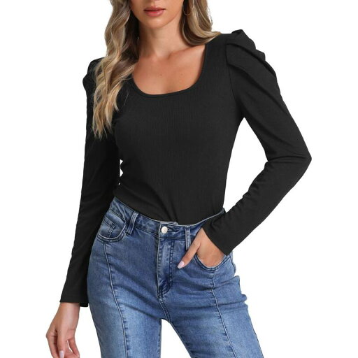 【送料無料】 アレグラ ケー レディース Tシャツ トップス Women's Square Neck Long Sleeve Casual Basic Ribbed Tunic Blouse Black 【送料無料】 アレグラ ケー レディース Tシャツ トップス Women's Square Neck Long Sleeve Casual Basic Ribbed Tunic Blouse Black