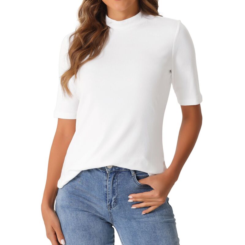 【送料無料】 アレグラ ケー レディース Tシャツ トップス Elbow Length Tops For Women Casual Blouses Turtleneck Top Solid Elastic Soft Half Sleeve T Shirts White