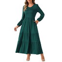 【送料無料】 アレグラ ケー レディース ワンピース トップス Tiered A-line Dresses For Women's Crewneck Long Sleeve Midi Casual Dress With Pockets Dark Green