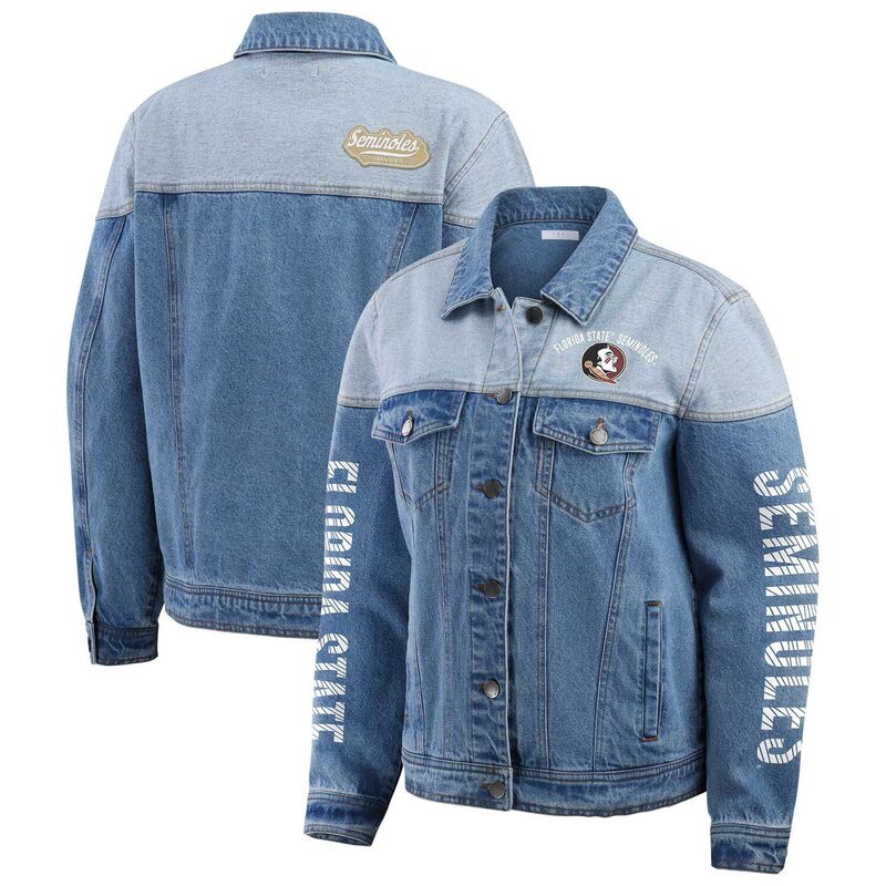 【送料無料】 ウェア バイ エリン アンドルーズ レディース ジャケット・ブルゾン アウター Women's WEAR by Erin Andrews Denim Florida State Seminoles Sleeve Hit Colorblock Button-Down Denim Jacket Fsu Turq A