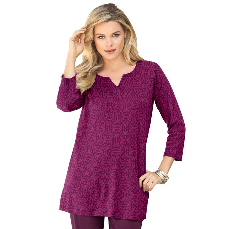【送料無料】 ロアマンズ レディース Tシャツ トップス Roaman's Women's Plus Size Three-Quarter Notch-Neck Soft Knit Tunic Berry Classic