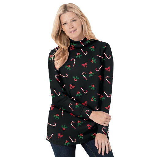 【送料無料】 ウーマン ウィズイン レディース Tシャツ トップス Woman Within Women's Plus Size Perfect Printed Long-Sleeve Mockneck Tee Black Mistletoe 【送料無料】 ウーマン ウィズイン レディース Tシャツ トップス Woman Within Women's Plus Size Perfect Printed Long-Sleeve Mockneck Tee Black Mistletoe