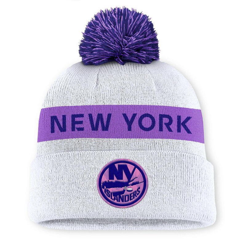 【送料無料】 ファナティクス メンズ 帽子 アクセサリー Men's Fanatics White New York Islanders Hockey Fights Cancer Authentic Pro Cuffed Knit Hat with Pom Isl White